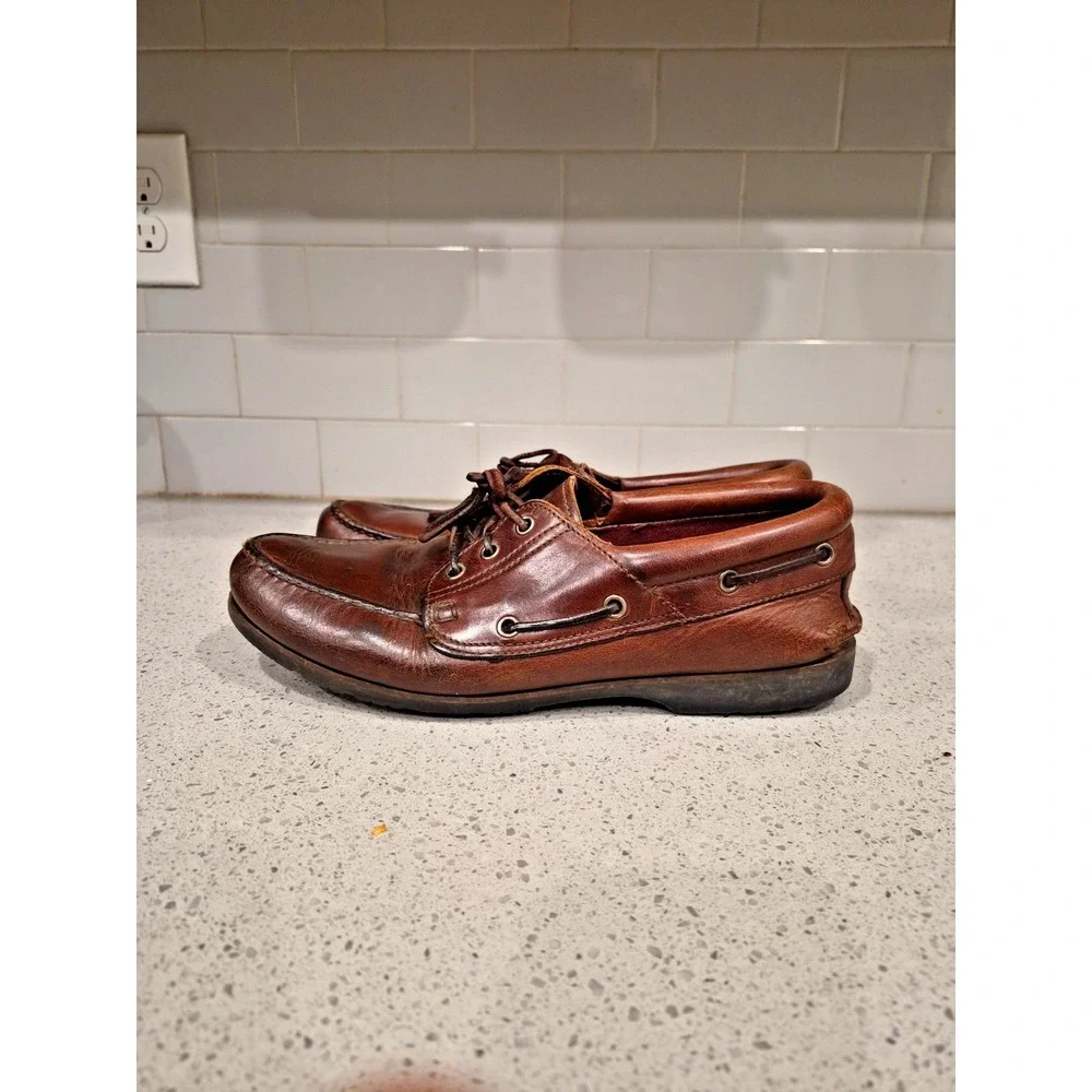 ECCO Shoes Mens 10.5 Casual Boat Brown Leather Lace Up Low Moc Toe Slip On